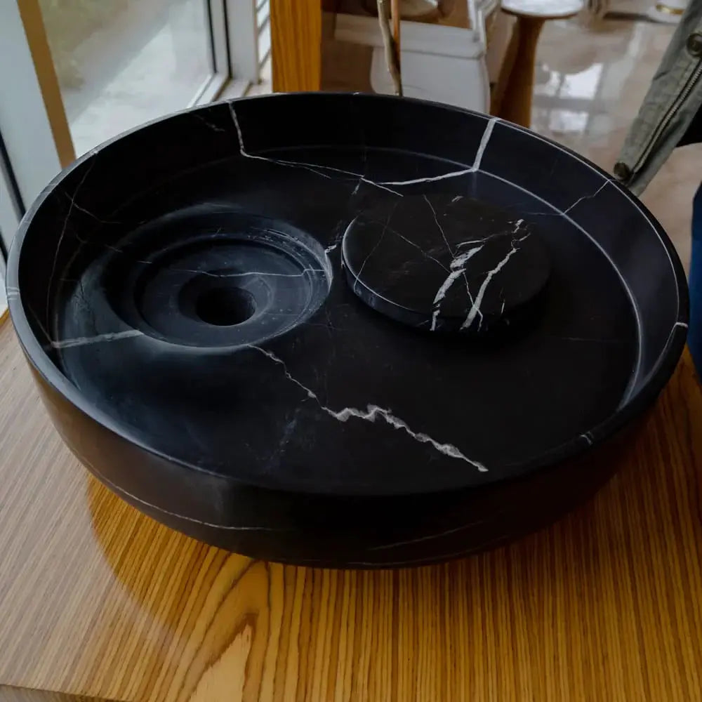Toros Black marble bathroom sink, round above-counter vessel with polished finish, 17.5-inch diameter