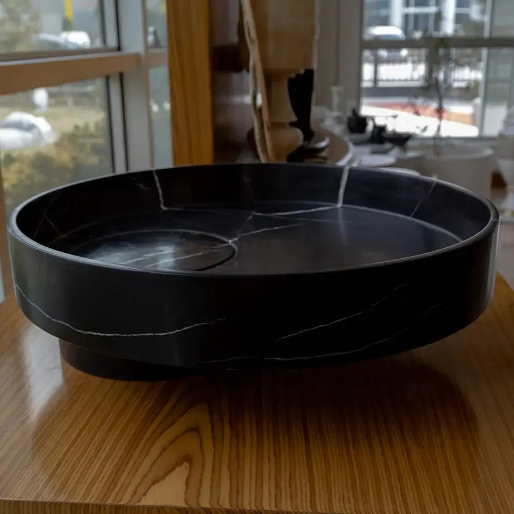 Villohome Toros Black marble bathroom sink, circular above-counter design, polished finish, 17.5-inch diameter