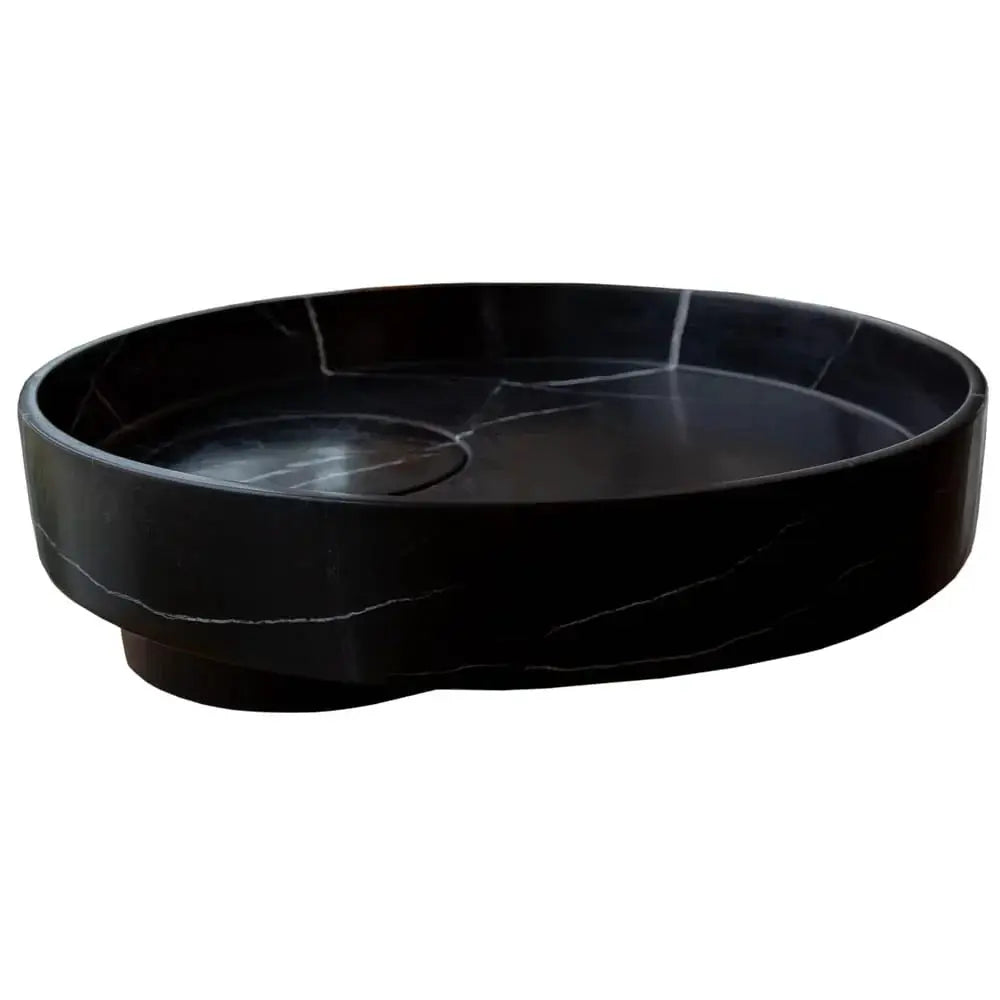 Natural Stone Toros Black Marble stone sink by Villohome, round above-vanity, polished black with white veining.