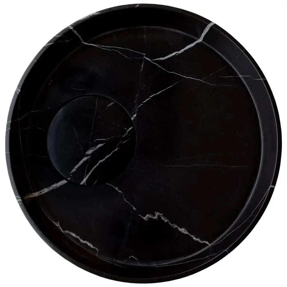 Villohome Toros Black Marble bathroom sink, round above-counter design in polished black stone with white veining