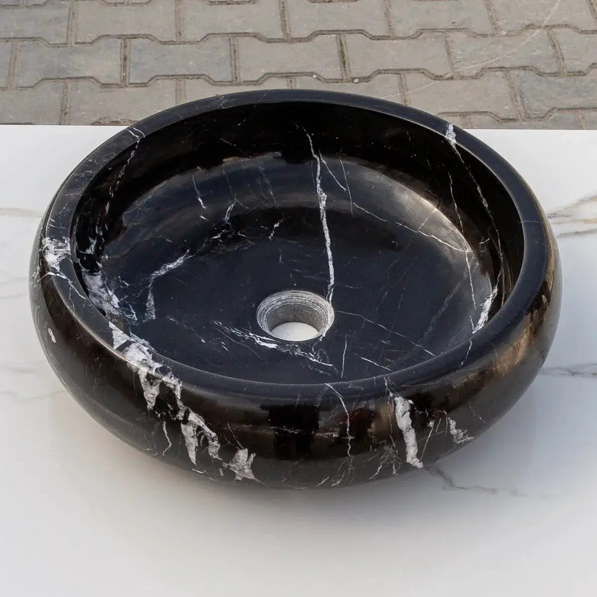 Villohome Toros black marble above-counter bathroom vessel sink, polished 16-inch diameter