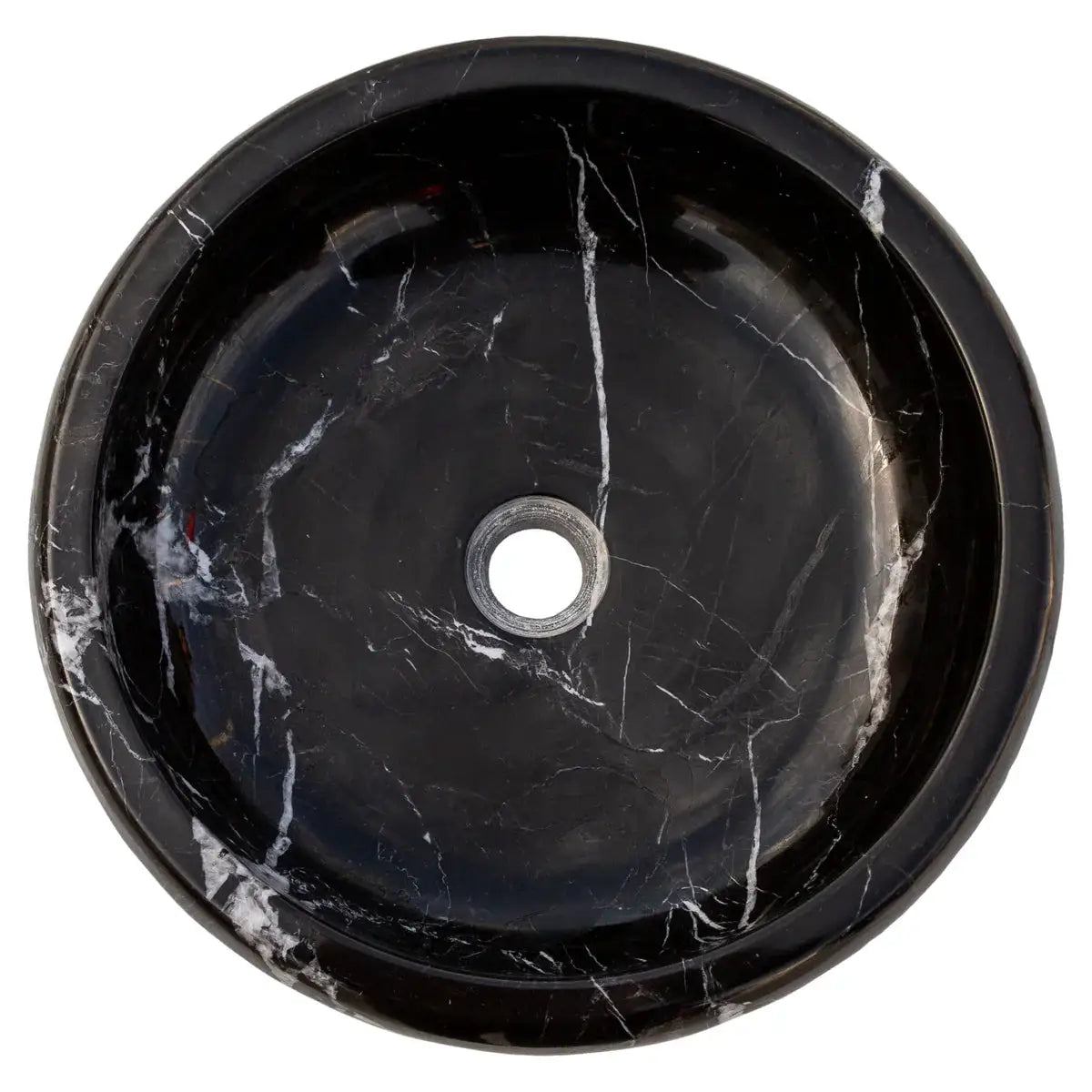 Toros Black Marble vanity vessel sink by Villohome, round 16-inch polished black stone bathroom basin with drain