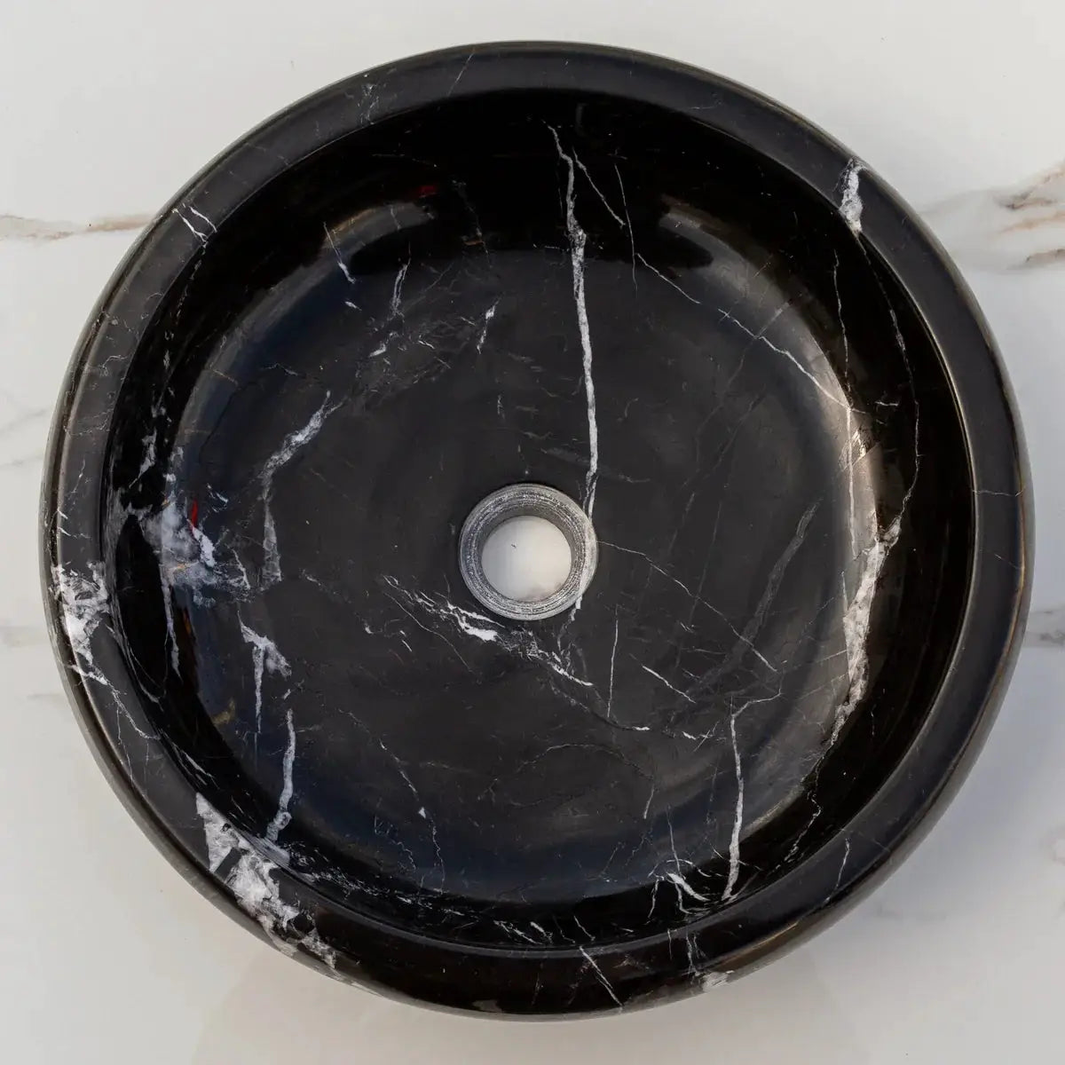 Toros Black Marble vessel sink by Villohome, round polished black with white veining, 16 in diameter