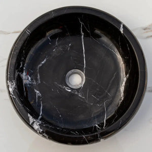 Toros Black Marble vessel sink by Villohome, round polished black with white veining, 16 in diameter
