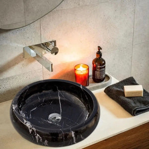 Toros Black Marble vessel sink by Villohome; polished black marble, 16-inch diameter, above-counter bathroom sink.