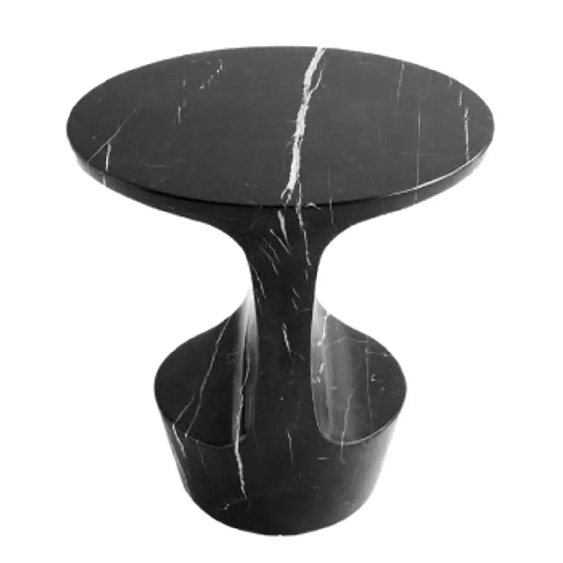 Toros black solid marble end/side table by Villohome; round top on a curved pedestal base