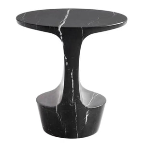 Toros Black Solid Marble end/side table with round top and pedestal base, polished finish