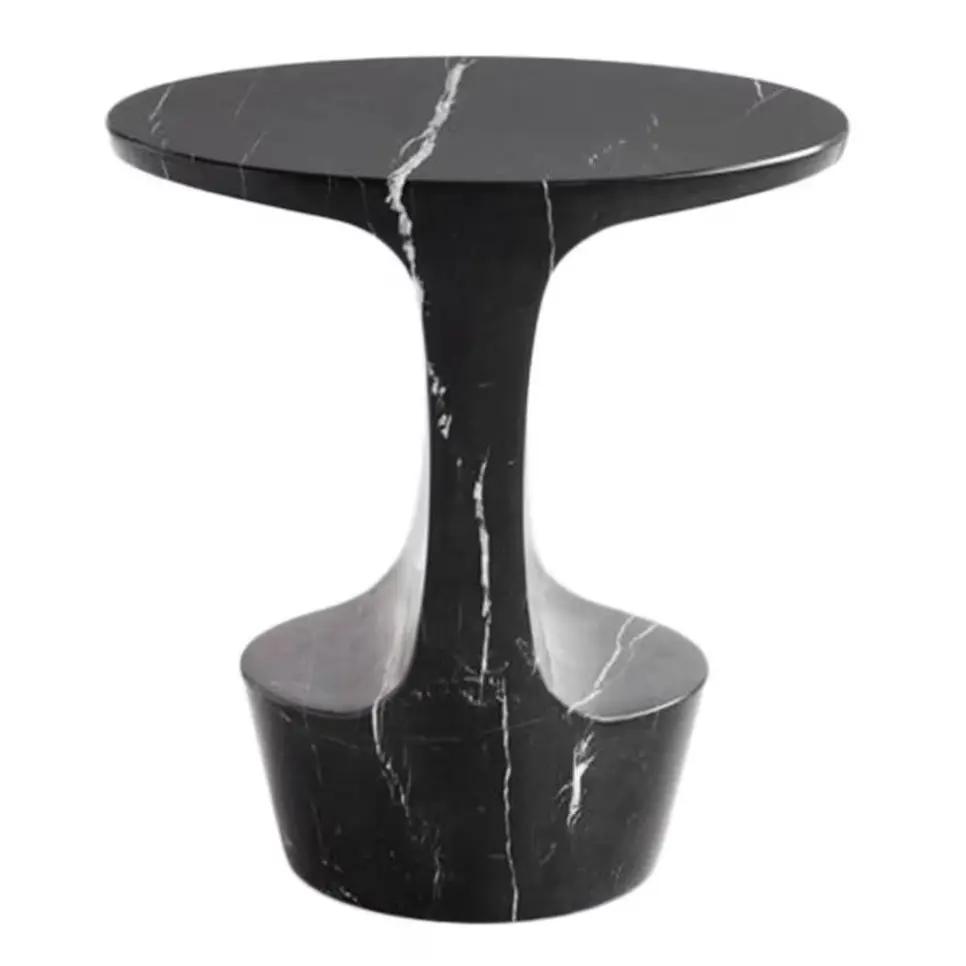 Toros Black Solid Marble end/side table with round top and pedestal base, polished finish