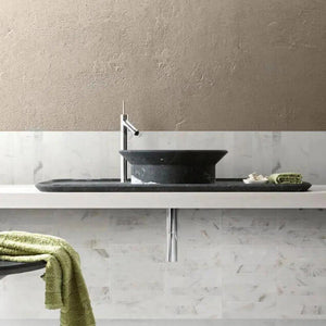 Natural Stone Marble above-counter bathroom sink by Villohome; black polished bowl on white vanity.