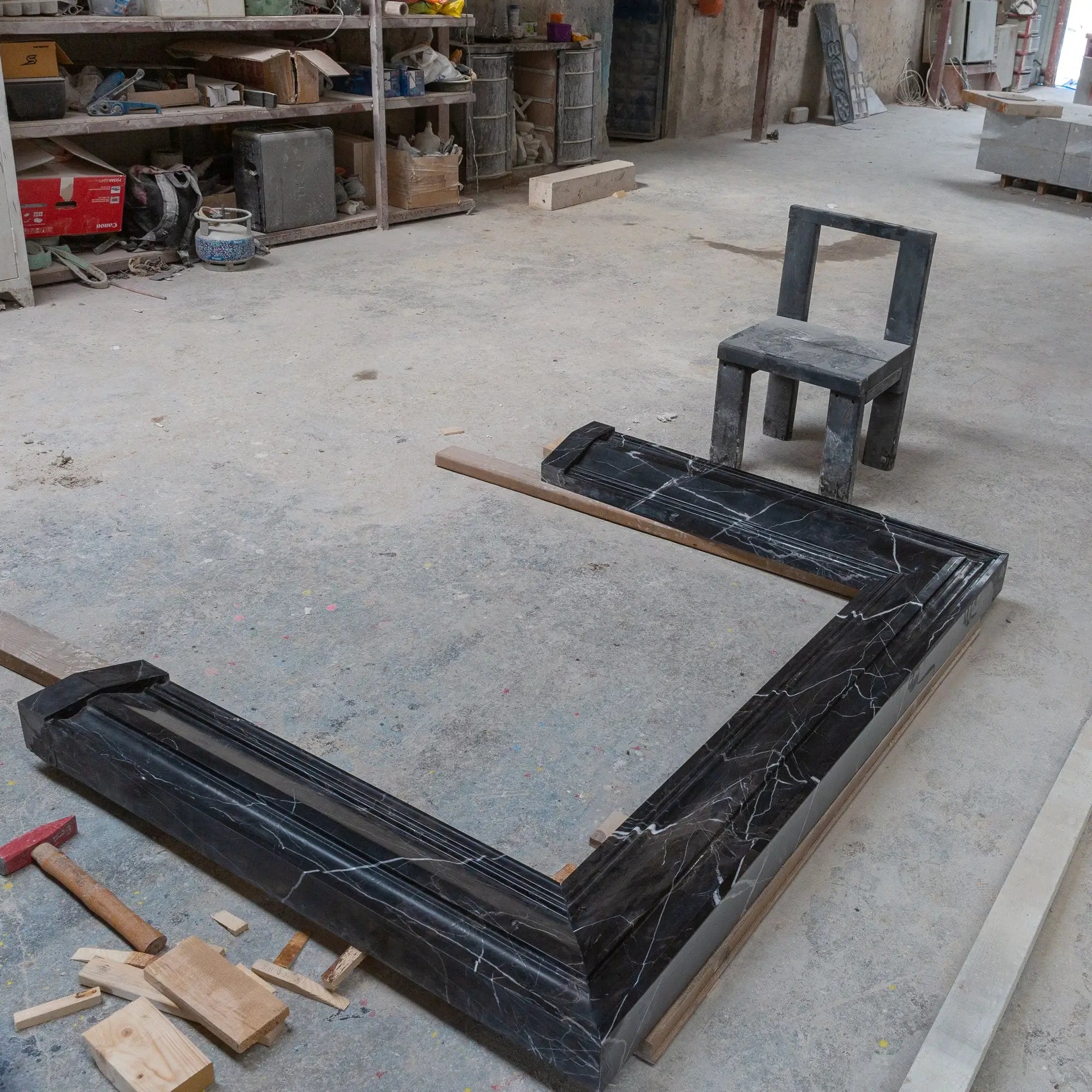 Toros Black Marble fireplace mantel by Villohome, polished hand-carved black marble in workshop setting