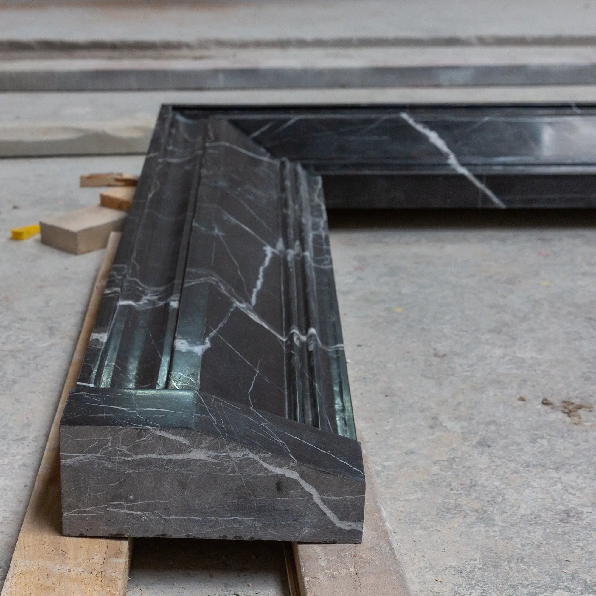 Toros Black Marble fireplace mantel, hand-carved and polished, 49in wide by 69in high