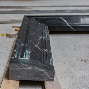 Toros Black Marble fireplace mantel, hand-carved and polished, 49in wide by 69in high
