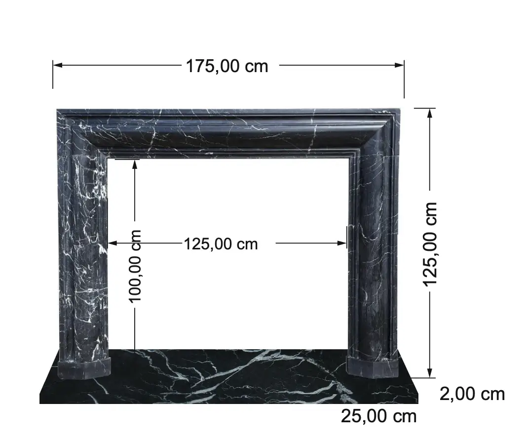 Toros Black Marble fireplace mantel by Villohome, hand-carved polished black marble frame.