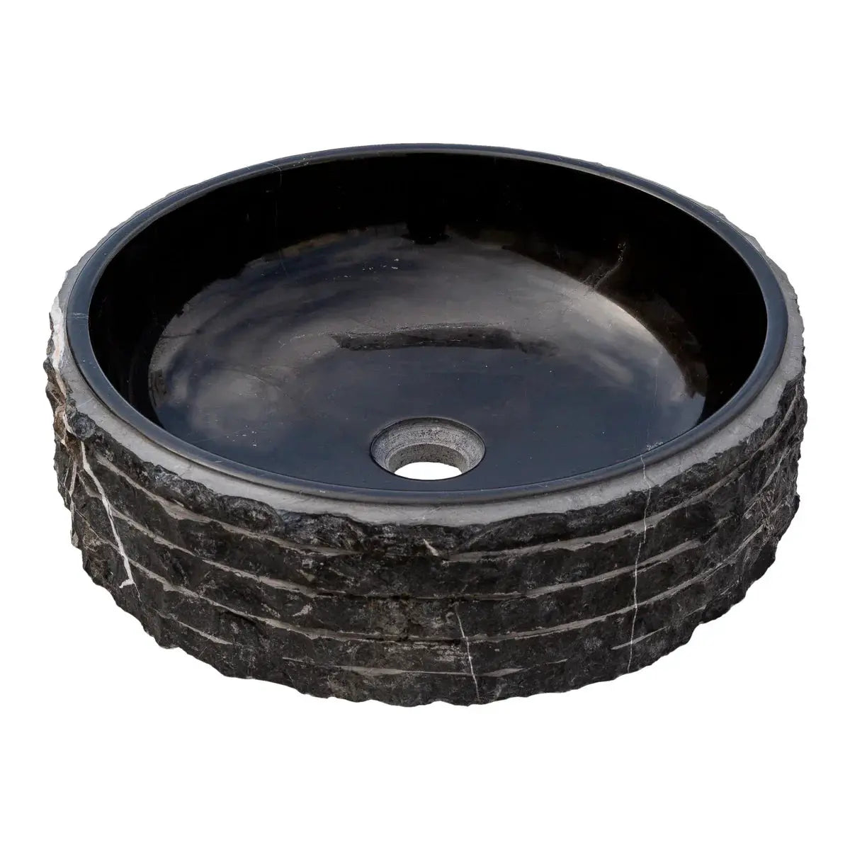 Toros black marble rustic above vanity round bathroom sink with smooth interior and rough rock exterior