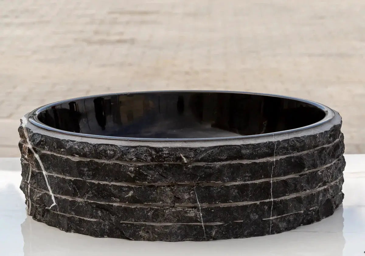 Toros Black Marble Rustic round bathroom sink, 16 in diameter, Villohome stone sink