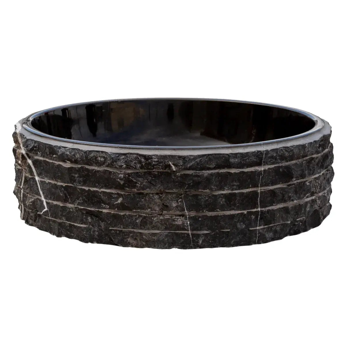 Toros Black Marble Rustic round bathroom sink, 16-inch diameter, stone exterior with a polished black interior