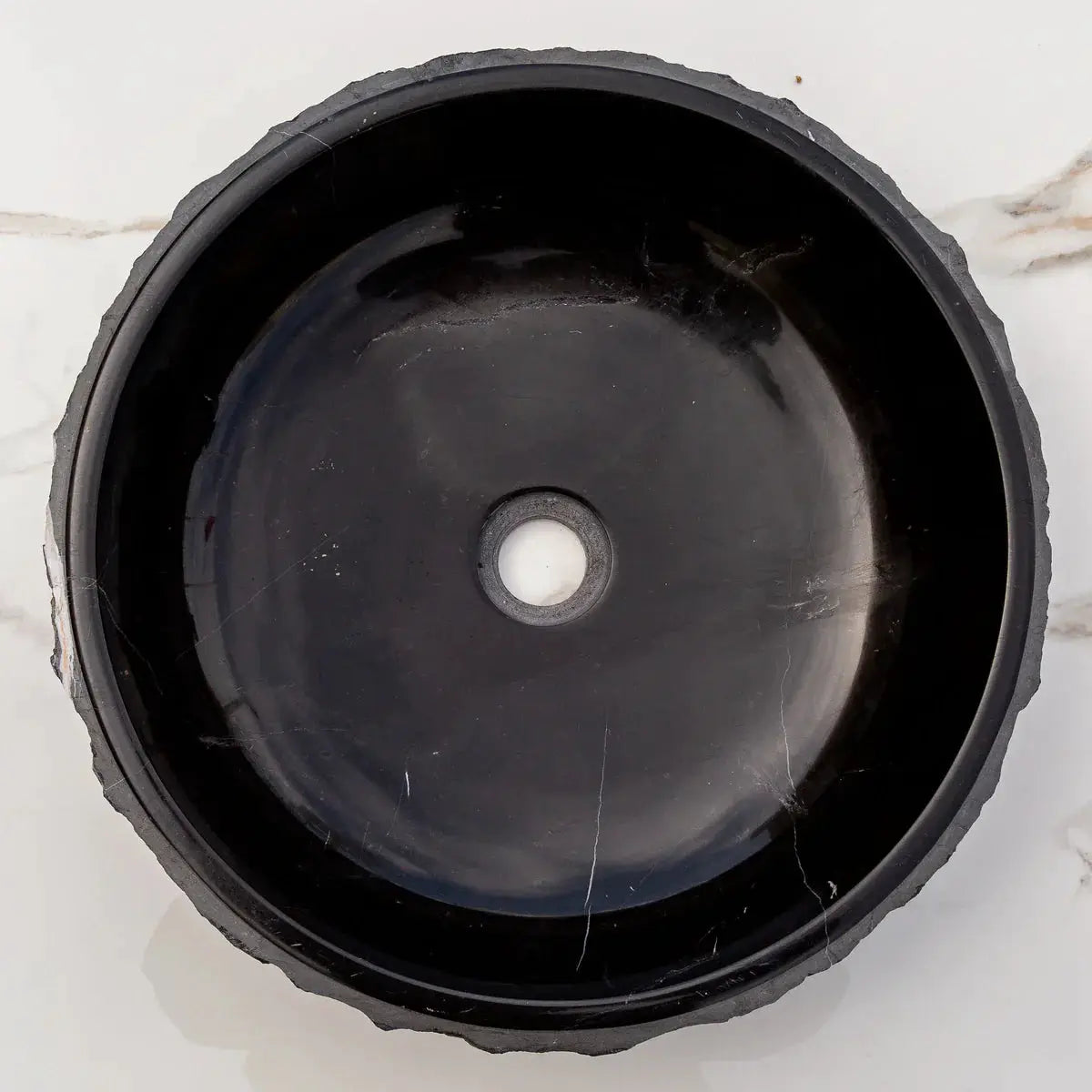 Villohome Toros black marble rustic round bathroom sink, stone vanity basin, 16-inch diameter.