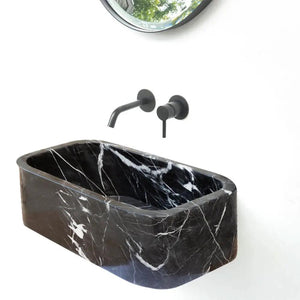 Toros black marble rectangular wall-mount bathroom sink by Villohome, 12x18x7 in, with matte black wall faucet.