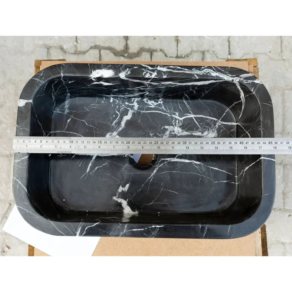 Villohome Toros black marble rectangular wall-mount bathroom sink, black with white veining, 12–18 in wide, 7 in deep.