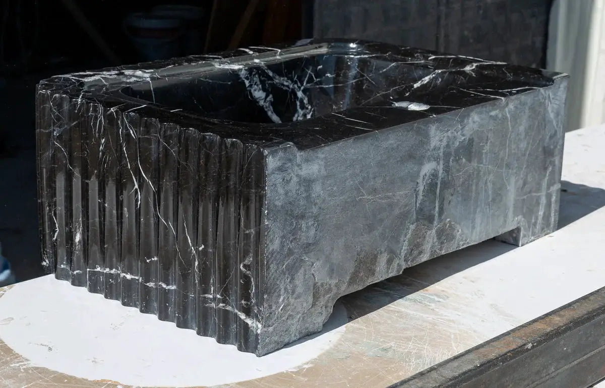 Toros black marble rectangular wall-mount bathroom sink with polished top and grooved side panels, 12x19x7 inches
