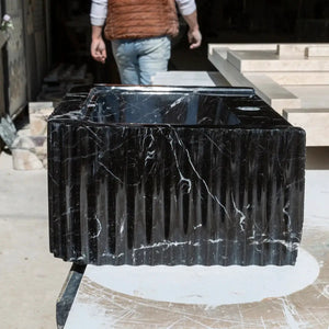 Toros Black Marble rectangular wall-mount bathroom sink, polished black stone by Villohome