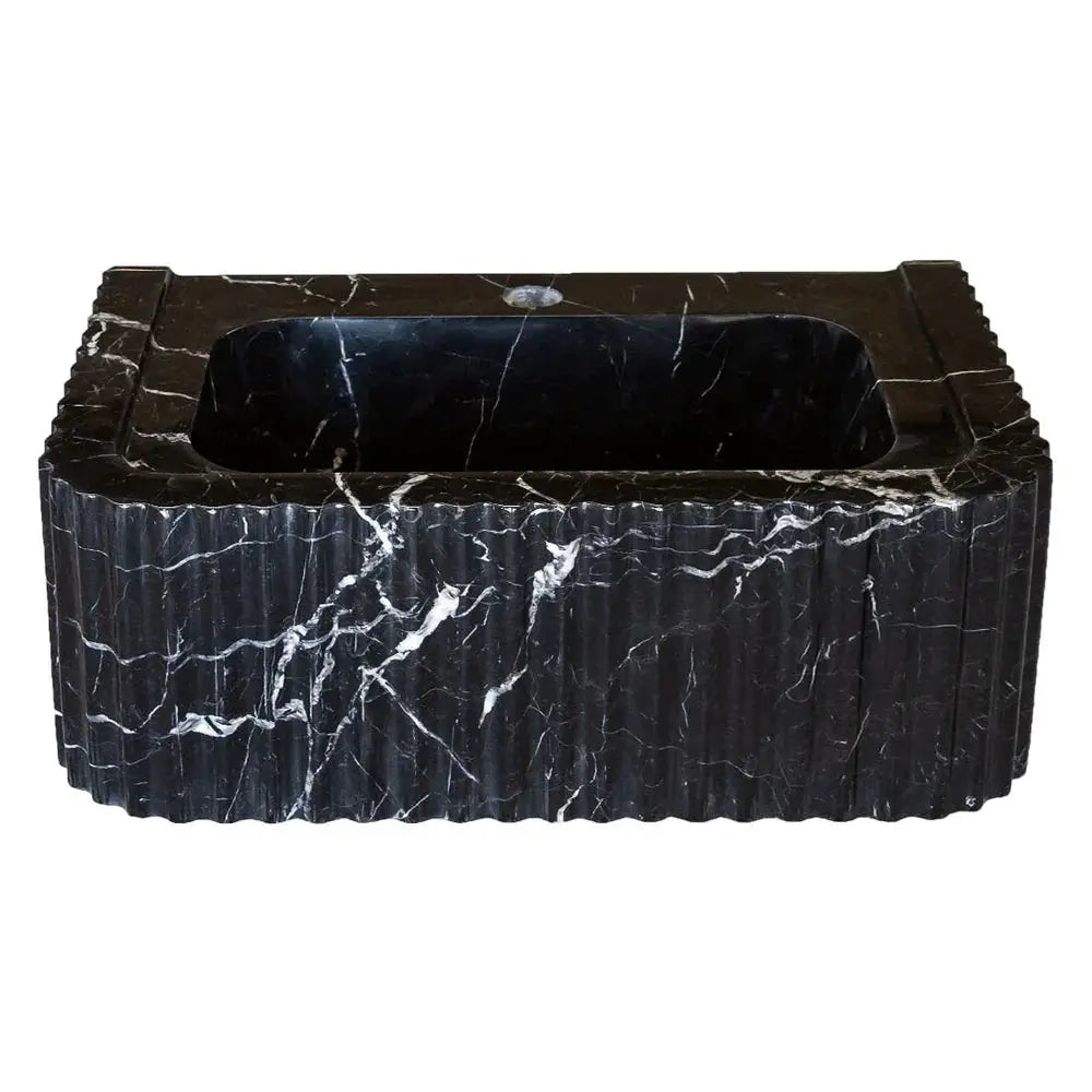 Toros black marble rectangular wall-mount bathroom sink by Villohome, polished with white veining