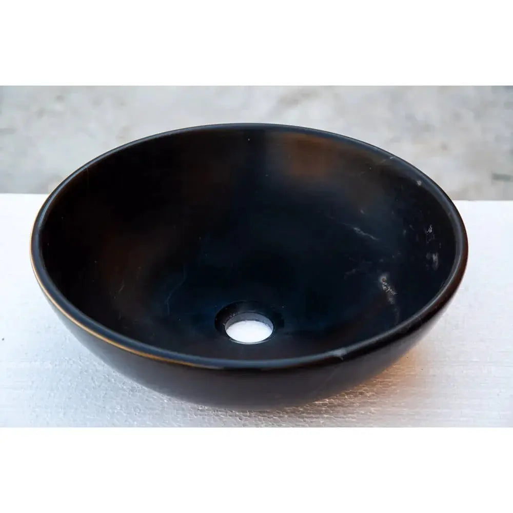 Villohome Toros black natural stone marble bathroom sink bowl, semi-polished, 16-inch diameter