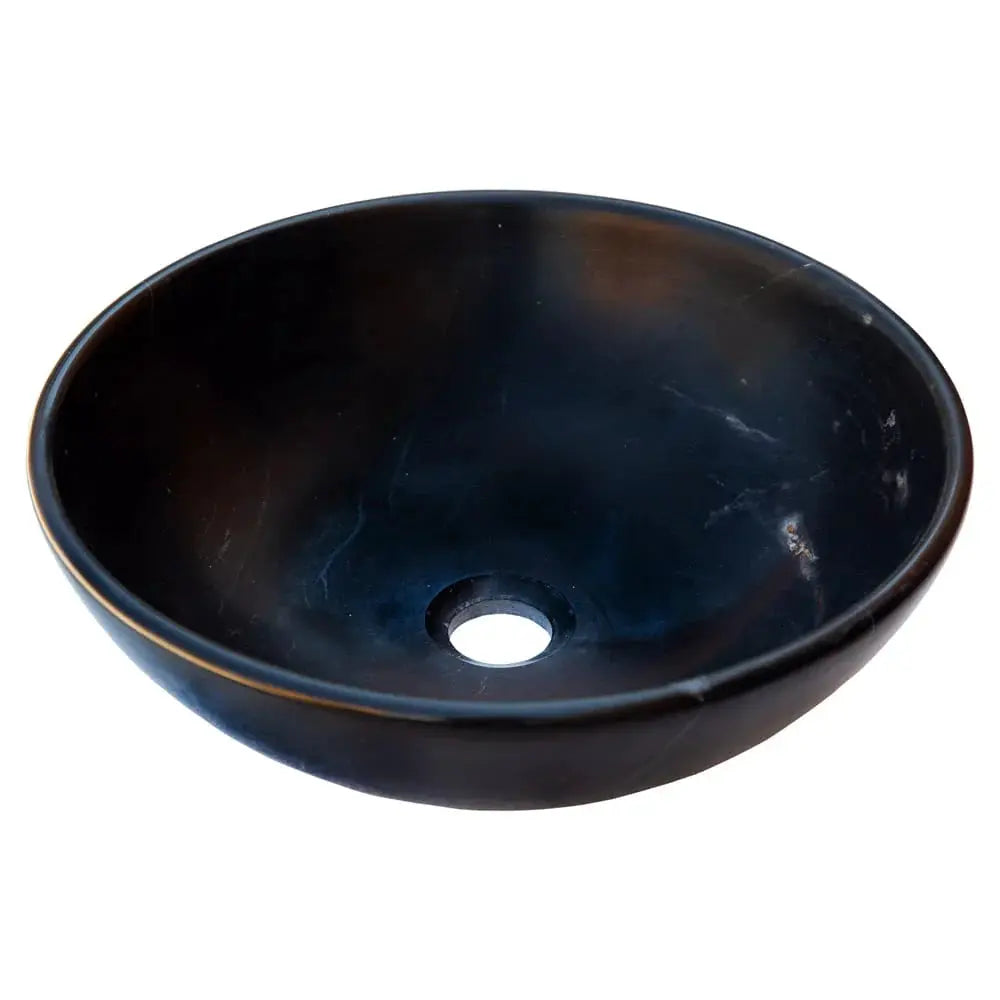 Toros black natural stone marble vanity sink, round vessel, semi-polished, 16in diameter