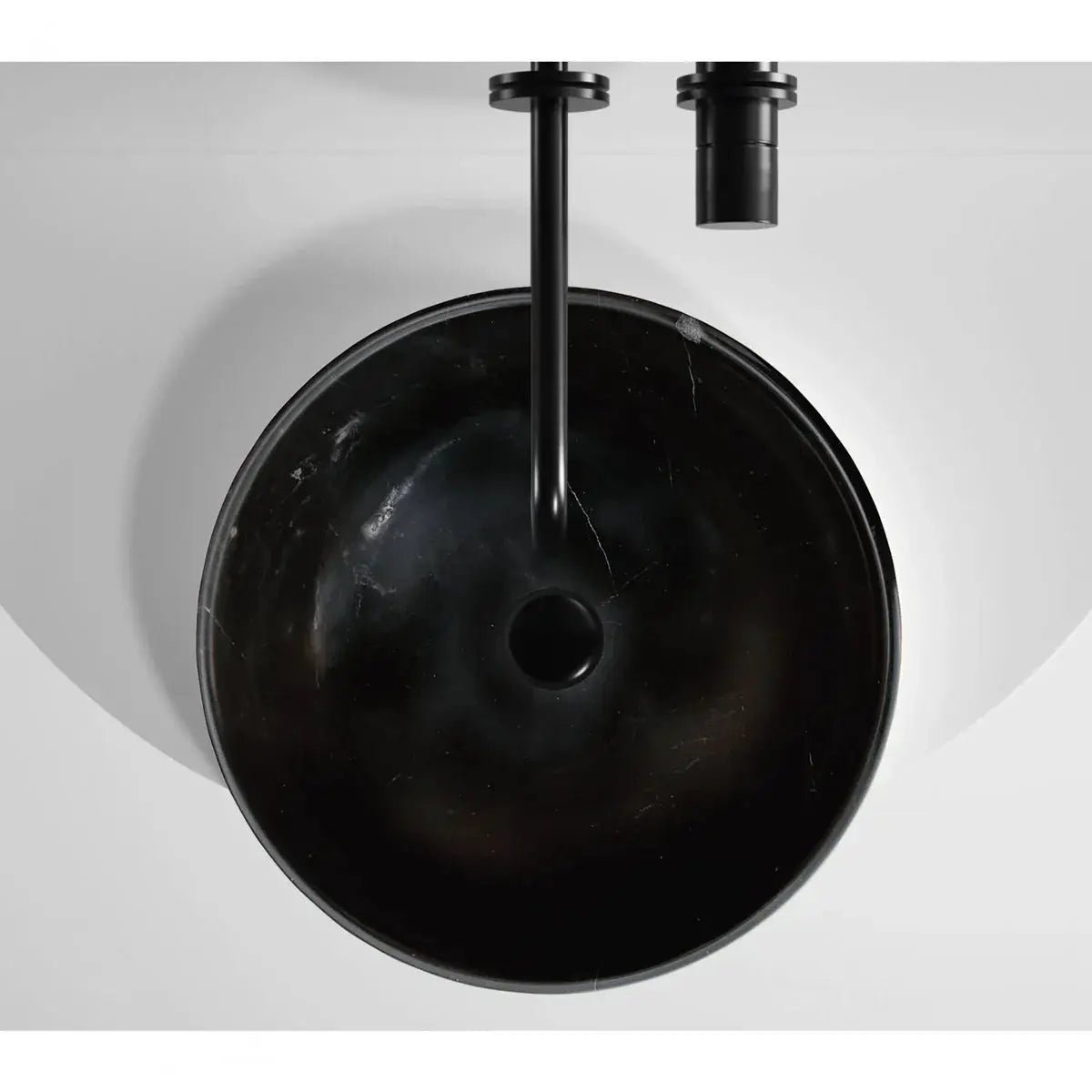 Toros Black natural stone marble round bathroom sink above vanity, semi-polished finish, 16 in diameter