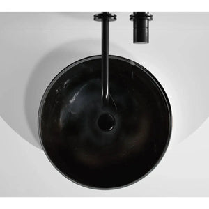 Toros Black natural stone marble round bathroom sink above vanity, semi-polished finish, 16 in diameter