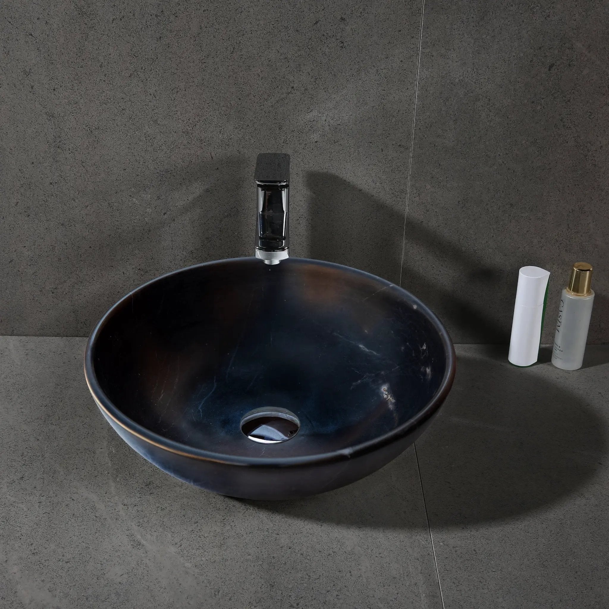 Toros black natural stone marble above-counter bathroom sink, round vessel, semi-polished finish, 16-in diameter