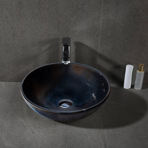 Toros black natural stone marble above-counter bathroom sink, round vessel, semi-polished finish, 16-in diameter