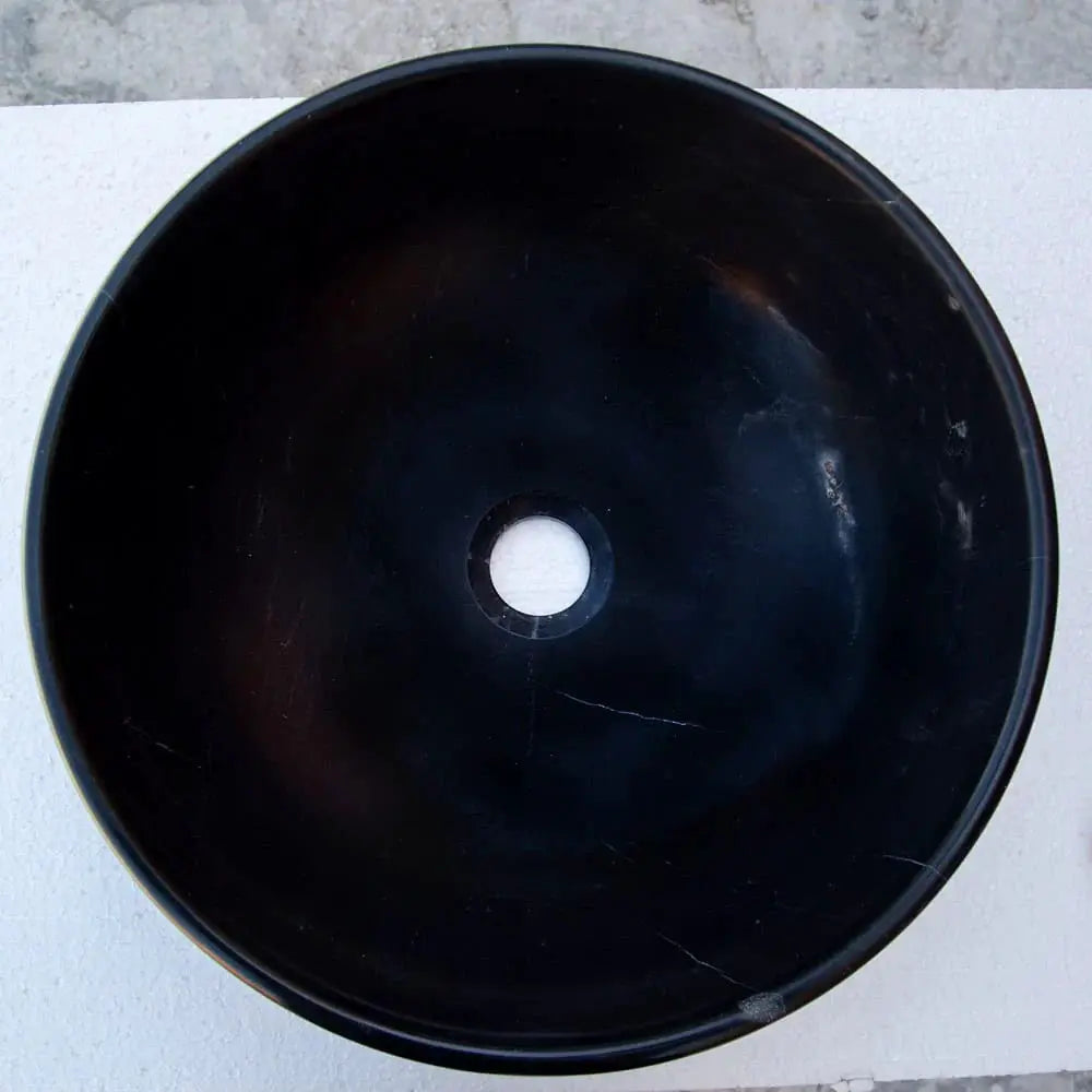 Toros black natural stone marble bathroom sink, round vessel basin by Villohome, 16-inch diameter