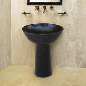 Toros Black Marble pedestal sink with oval basin on cylindrical stand