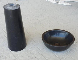 Toros black marble natural stone stand-alone pedestal with oval top sink two-piece set