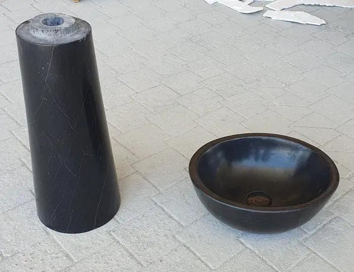 Toros black marble natural stone stand-alone pedestal with oval top sink two-piece set