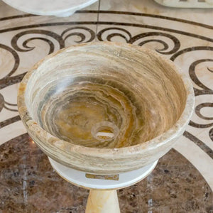 Traonyx travertine-onyx stone sink; honed beige swirled bowl for above-counter vanity