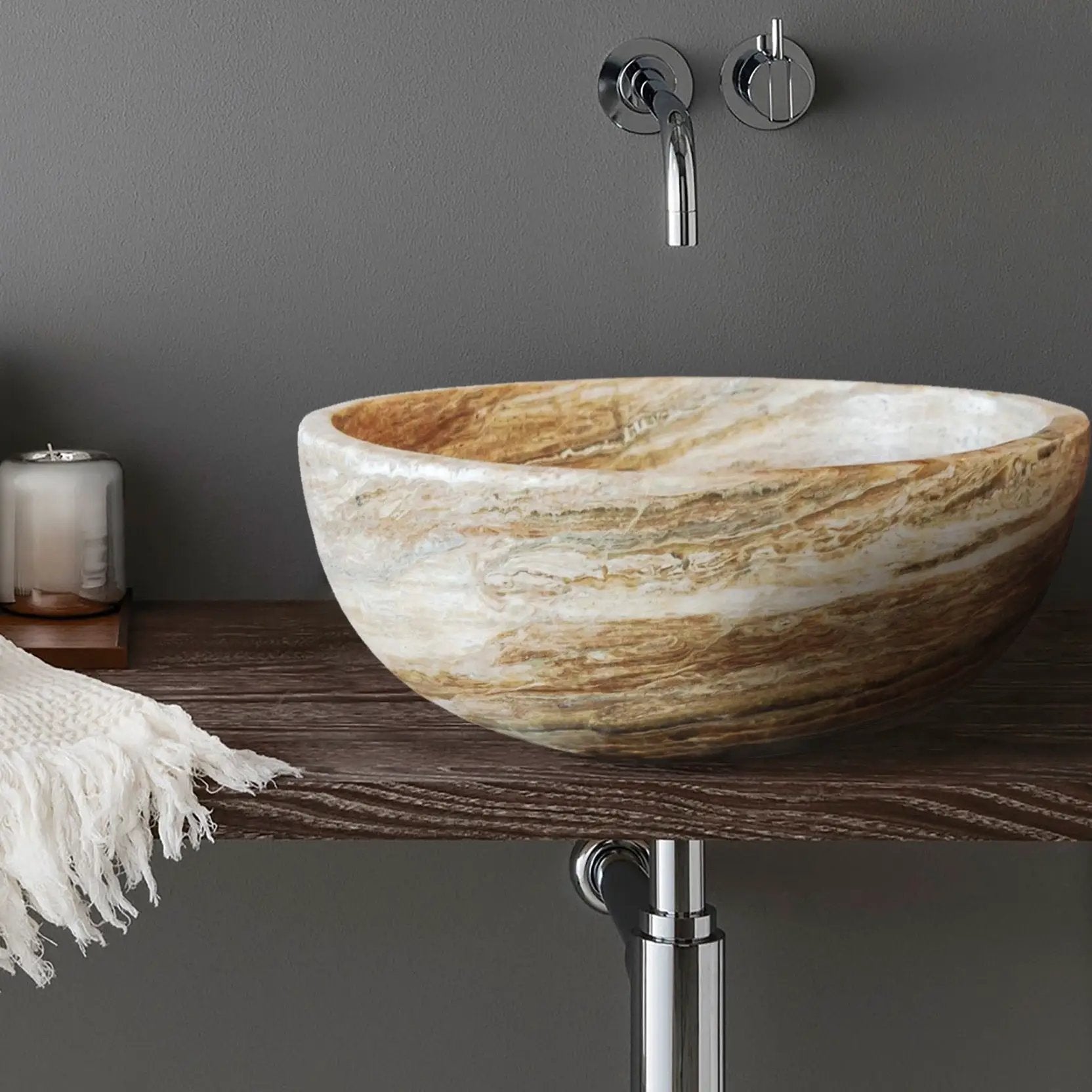 Traonyx natural stone above-vanity bathroom sink; honed travertine-onyx bowl in beige-brown tones with subtle veining.
