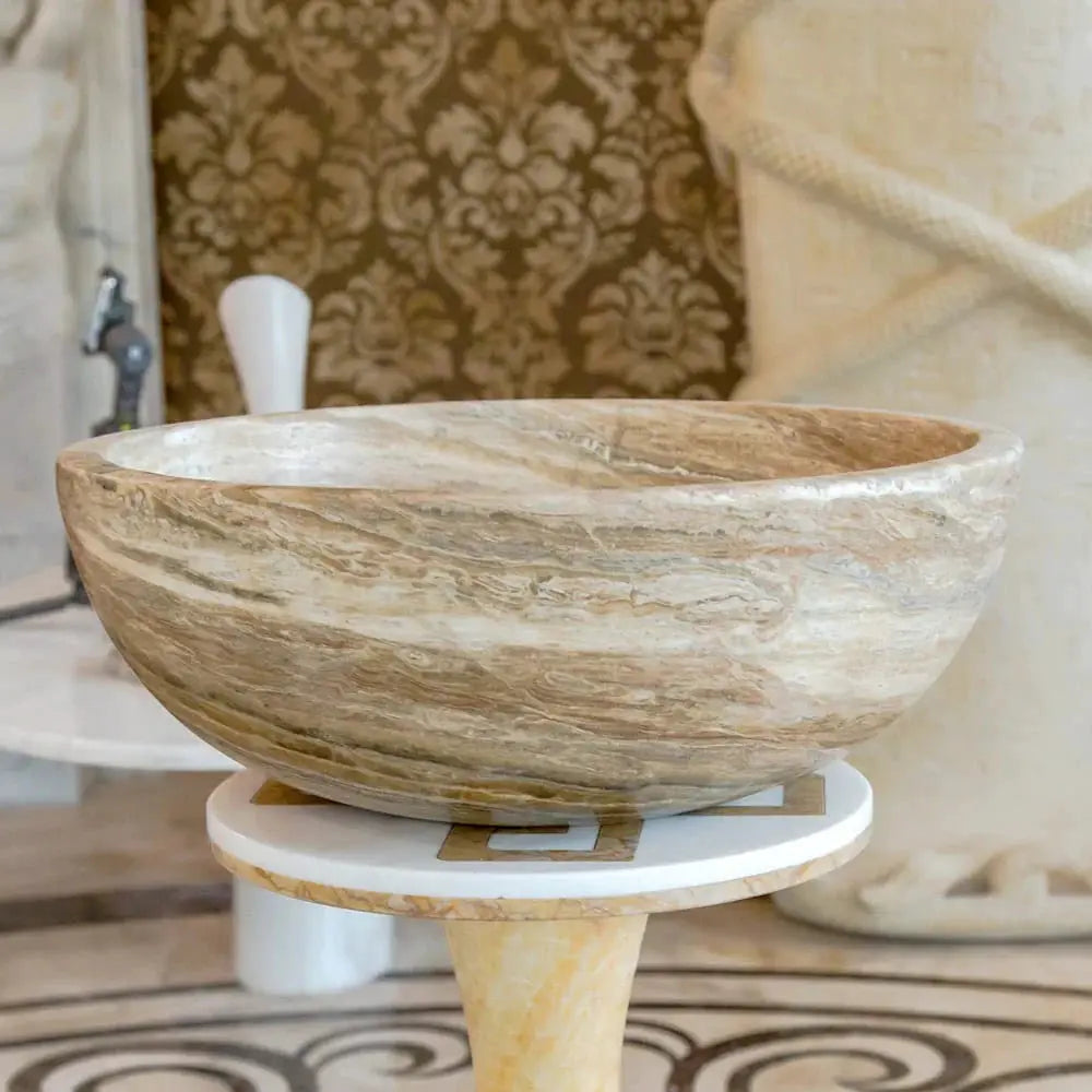 Traonyx natural stone vanity sink bowl, travertine-onyx, honed finish, 16 in dia x 6 in high.