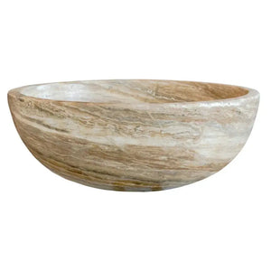 Stone bathroom sink by Villohome, Traonyx natural travertine-onyx, beige-toned honed finish, 16in diameter