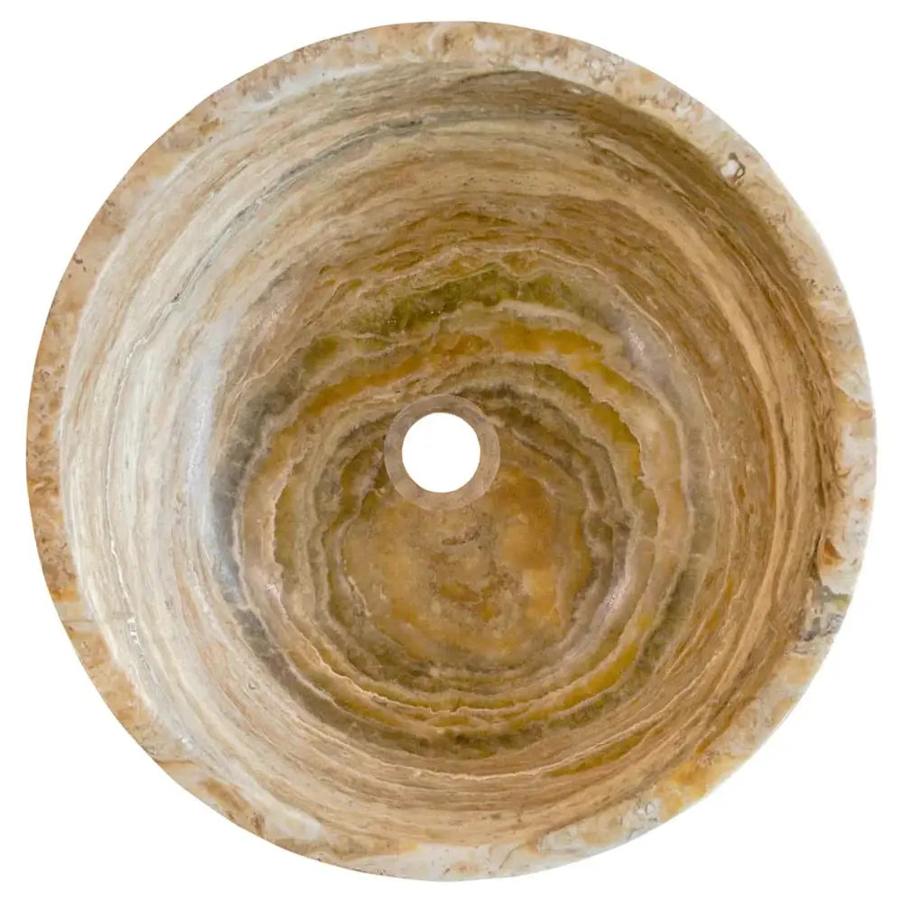 Traonyx natural stone round vanity bathroom sink, travertine-onyx, honed finish, beige-brown concentric interior, 16-inch diameter