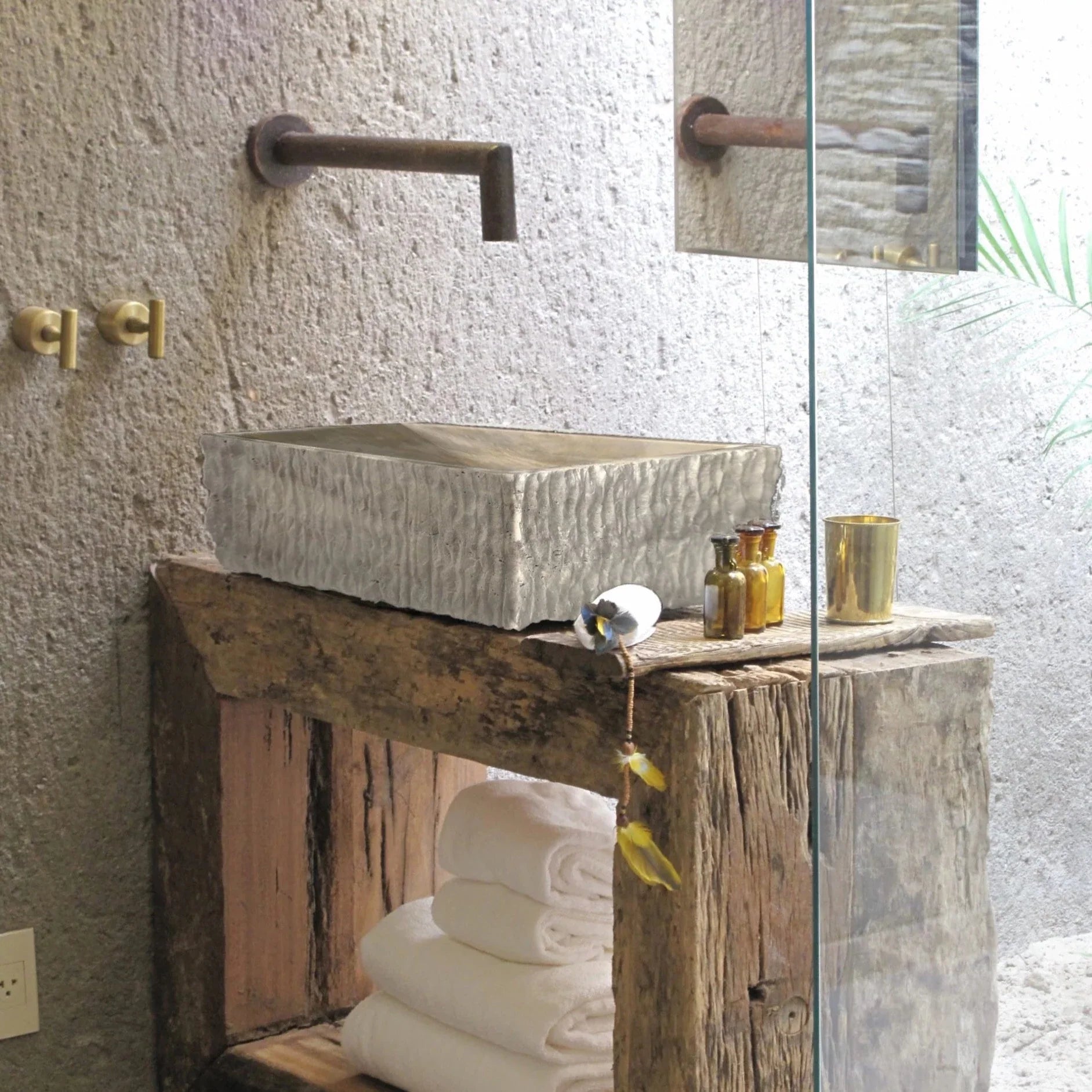 Travertine rectangular bathroom sink, natural stone for above-counter vanity