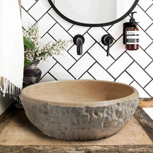 Stone sink, light beige travertine, round above-vanity basin with rough exterior