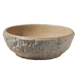 Troia light beige travertine stone bathroom sink bowl, Villohome, 16in dia x 6in high, dragon split-face exterior.