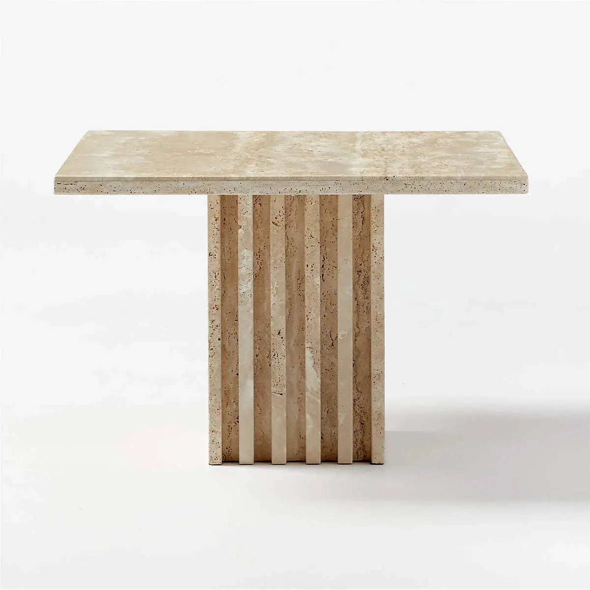 Troia Light Solid Travertine Coffee Table with honed beige top and vertical slat pedestal base.