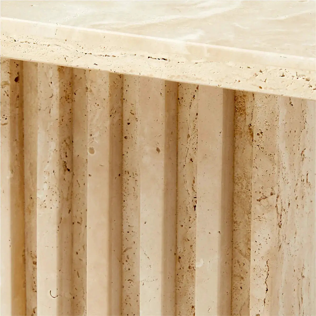 Troia Light Solid Travertine Coffee Table, beige honed travertine with a vertical ribbed base, 21x13x16 in