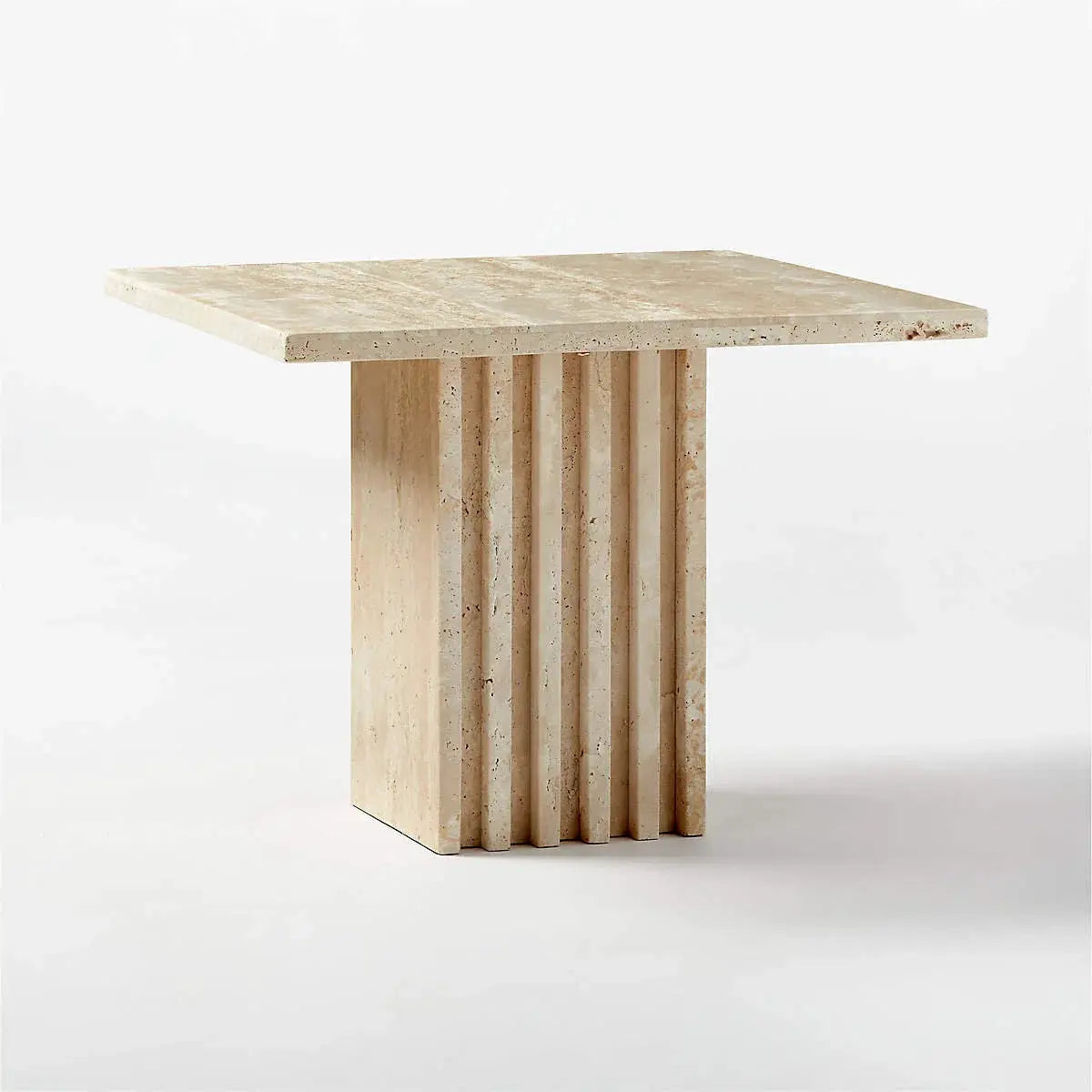 Troia Light Solid Travertine Coffee Table with a light beige honed top and vertical slat pedestal