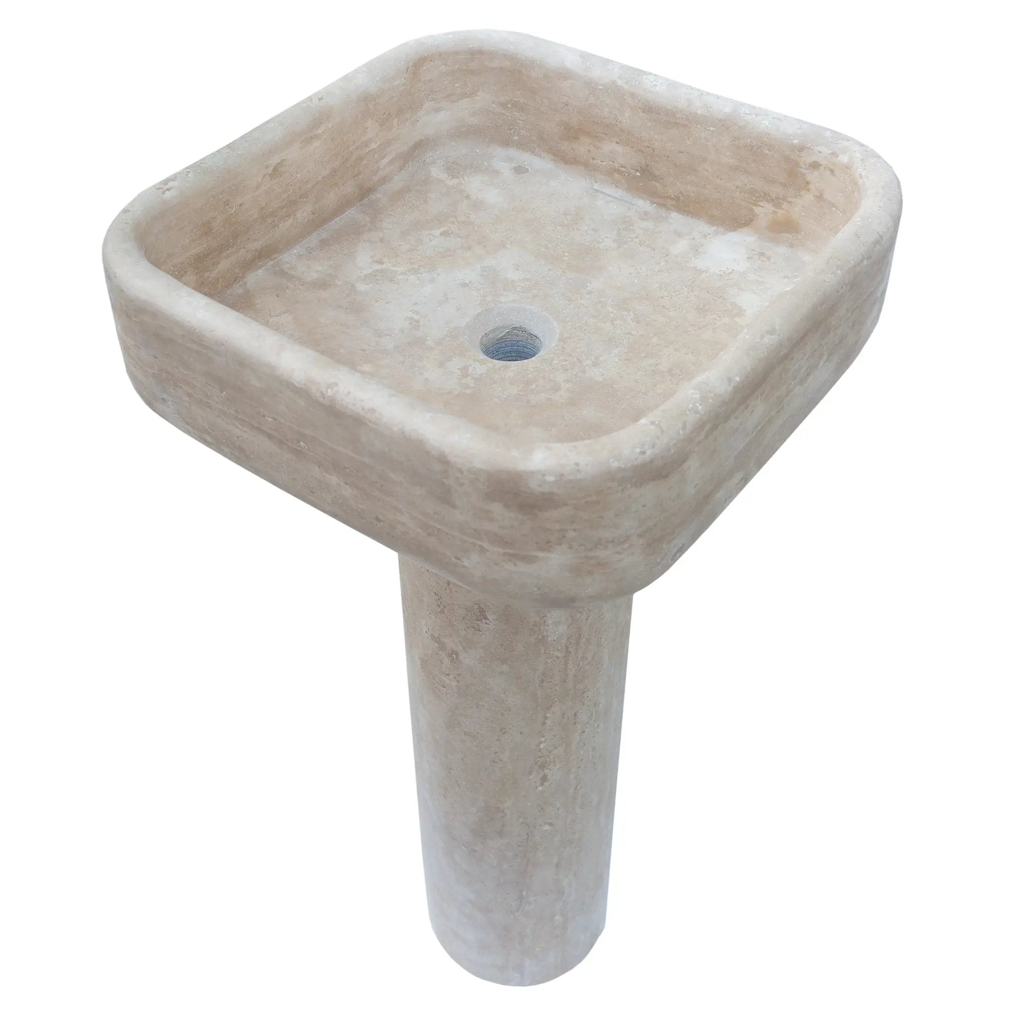 Troia Light Travertine pedestal sink by Villohome in beige honed stone