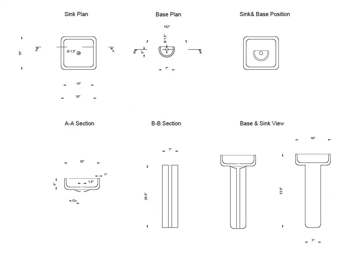 Troia Light Travertine pedestal stand-alone bathroom sink plan with base and section views