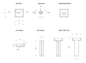 Troia Light Travertine pedestal stand-alone bathroom sink plan with base and section views